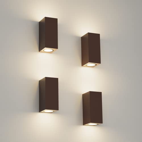 Klighten 4 peças quadrado candeeiro de parede exterior/interior, IP65 impermeável cor óxido aplique parede exterior, GU10 luz parede de alumínio moderno para jardins corredor terraço, lâmpada não
