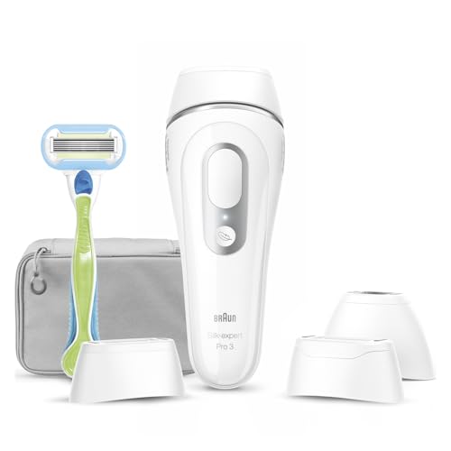 Braun Luz de pulso Silk-expert Pro 3, remoção de pêlos em casa, alternativa à remoção a laser, removedor IPL com capa, máquina Vênus, 3 cabeças para rosto e corpo, branco/prateado, PL3222