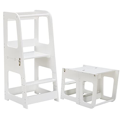 KYWAI® Torre de aprendizagem dobrável de madeira, torre de aprendizagem dobrável Montessori 2 em 1 descapotável em mesa e cadeira, assistente de cozinha de madeira, design exclusivo e elegante (branco