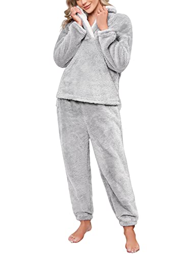 Niwicee Pijama para mulher inverno conjunto de pijama forro polar super macio roupa de dormir 2 peças senhoras roupa de noite de manga comprida quente e calças compridas com bolso