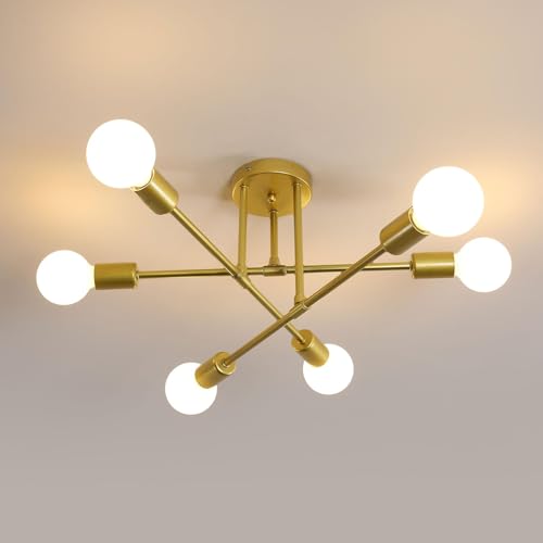 niuniaj Candeeiros de teto retro, 6 luzes candeeiros de teto industriais, Plafon Sputnik E27, candeeiro moderno para quarto, sala de estar, cozinha, sala de jantar, dourado (sem lâmpada)