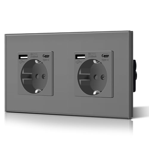 BSEED Tomada de parede 2 tomadas padrão Schuko com 2,1 A USB melhorada conector de carregamento e tomada tipo C com painel de vidro fácil instalação 157 mm cinzento