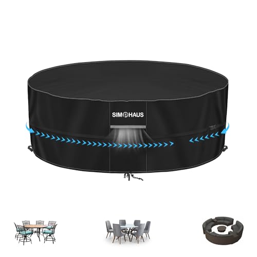 SIMPHAUS Capa de mesa redonda e jardim capa para mesa redonda e cadeiras exterior jardim capas de móveis de jardim com ventilação cobertura móveis de exterior anti-UV tecido Oxford 420D Ø 160 x 80 cm