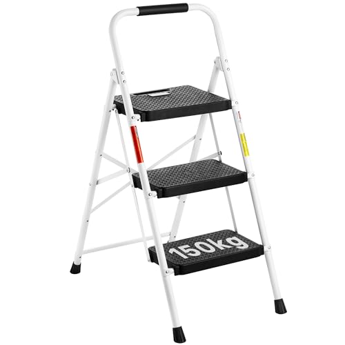 BONTEC Escadas dobráveis de 3 degraus, capacidade de 150 kg com pedais antiderrapantes largos, banco escadas de mão de aço, manúbrio de esponja, uso interno e exterior, branco