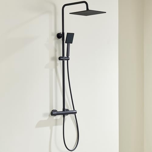 Auralum Conjunto de coluna de duche com misturador térmico anti-queimaduras, conjunto de coluna preta com spray de 25 x 25 cm, telescópio, barra de duche de aço inoxidável e flexível de duche de PVC