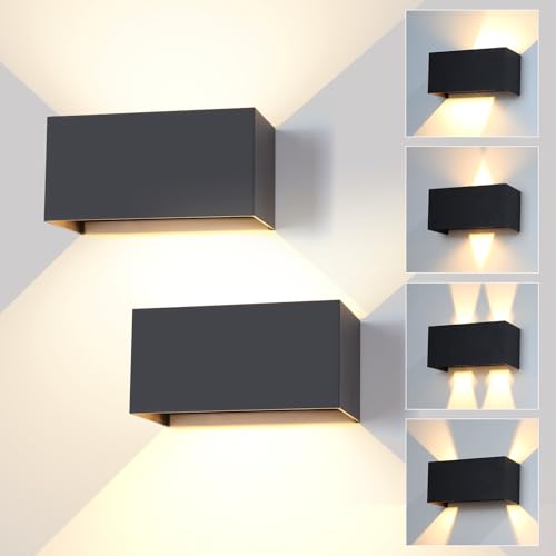 12 W Aplique parede exterior LED 2 PZS, luz exterior 3000 K branco quente, lâmpada exterior parede impermeável IP65 ângulo de feixe ajustável aplique de interior alumínio preto para terraço, jardim