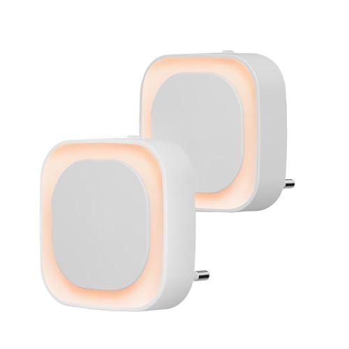 YUNLEX Luz noturna com tomada 2 peças LED luz noturna infantil com sensor repuscular, brilho de nível 3, muito adequado para quartos de crianças, escada, quarto, cozinha, casa de banho, âmbar