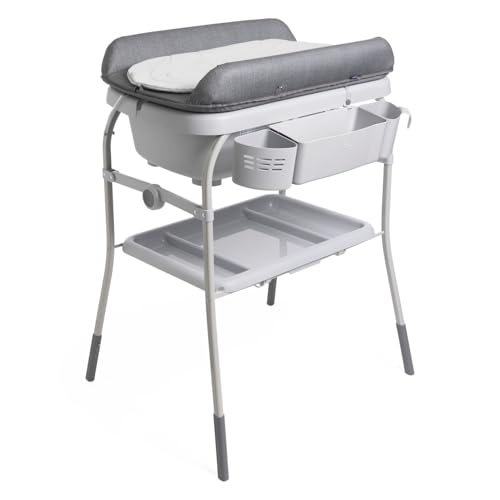 Chicco Cuddle & Bubble Banheira ergonómica para bebé com pernas e trocador com acolchoado e redutor suave, altura regulável, fecho compacto, organizador, oceano máx. 11 kg, cinzento, Melange