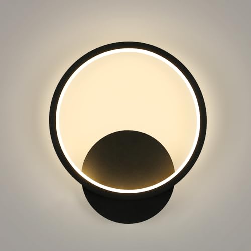 Riserva Aplique de parede interior moderna, 12 W design redondo candeeiro de parede LED, 3000 K luz quente, apliques de parede em acrílico para quarto, estúdio, sala de jantar, corredor, escada, preto