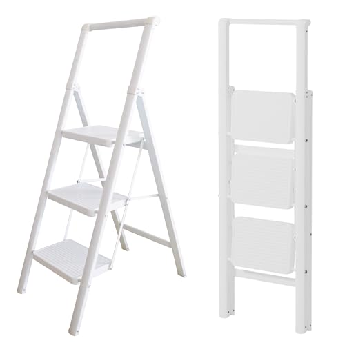UABA Escada dobrável 3 degraus branca, leve e estável, degraus largos antiderrapantes, EN 131 150 kg
