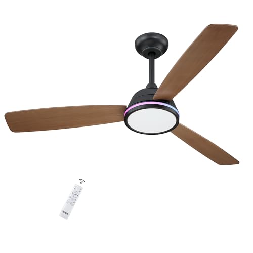 activeallbrite Ventoinha de teto com controlo remoto, motor DC, 6 velocidades, ultra silencioso, função verão e inverno, temporizador, 3 pás de diâmetro de 132, madeira escuro