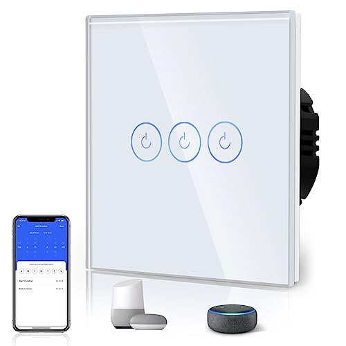BSEED Interruptor de luz tátil inteligente WIFI, interruptor tátil de parede com painel de vidro compatível com Alexa/Tuya/Smart Life (requer cabo neutro) 3 gangue 1 via branco