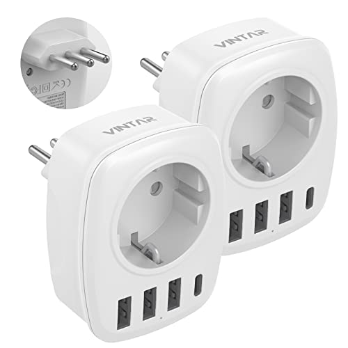 VINTAR Adaptador de viagem de Espanha para a Itália (2 pacotes) com 3 portas USB e 1 porta USB-C, carregador de parede, adaptador de viagem para a Itália, maldivas, Chile, Uruguai, tipo L, branco