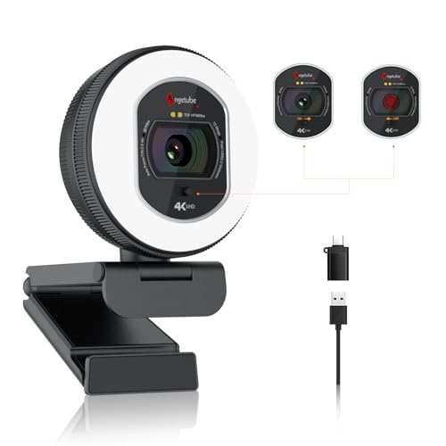 Angetube Webcam 4K com luz - câmara de streaming para PC com microfone de cancelamento de ruído duplo AI, foco automático e proteção visual incorporada, USB 1080P 60FPS Webcam para portátil e Mac