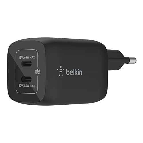 Belkin Carregador de parede duplo USB tipo C de 65 W, carregamento rápido 3.0 com tecnologia GaN, carregador USB para iPhone 16, 15, 14, 13, iPad Pro, Air, MacBook, Samsung Galaxy S24, S23, Google
