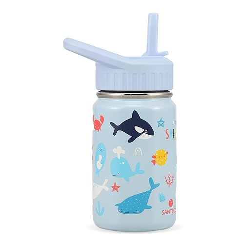 SANTECO Garrafa de água isotérmica para crianças, 350 ml, com palha, garrafa metálica de aço inoxidável isolada a vácuo sem BPA, reutilizável para a escola, desportos e jardim de infância