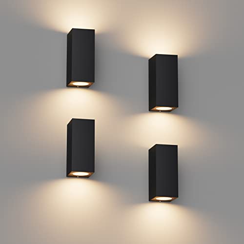 Klighten 4 peças quadrado candeeiro de parede exterior/interior, IP65 impermeável preto aplique parede exterior, GU10 luz parede de alumínio moderno para jardins corredor terraço, lâmpada não incluída