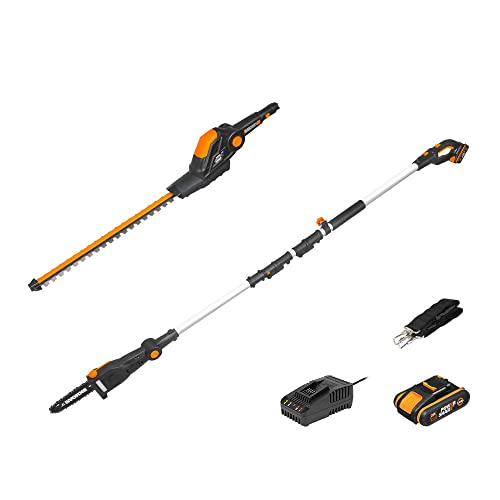 WORX 20 V 2 em 1 Combo, corta-sebes telescópico e podadora WG908E, PowerShare, 2,0 Ah, tensionamento automático de corrente, lubrificação automática de óleo e carregador rápido de 1 hora.