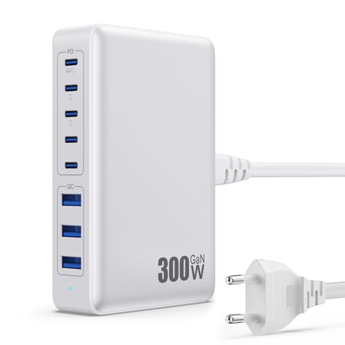 Carregador USB C múltiplo de 300 W, GAN IV 8-Port USB carregador de carregamento rápido 100 W PD QC PPS, alimentador múltiplo carregador tipo c compatível com MacBook Air/Pro, iPhone, iPad Pro,