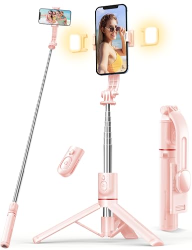 Selfie stick com luzes, suporte tripé para telemóvel com controlo remoto compatível com iPhone 15/14/13/12/11 Pro/MAX/Plus, Samsung, Huawei, Xiaomi (rosa)