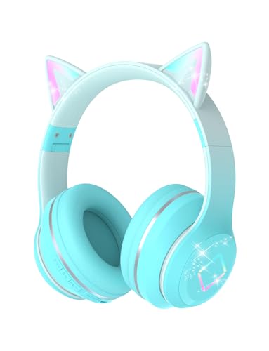 Xunpuls Auriculares Bluetooth para crianças com microfone, capacetes sem fios para menina, som estéreo, orelha de gato com luz LED, auriculares para telemóvel, tablet, presente de aniversário, meninos