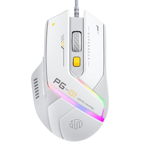 INPHIC PG1 Rato Gaming com cabo, rato RGB ergonómico de 12800 dpi (6 níveis), 6 botões programáveis, iluminação RGB personalizável, ratos USB para PC, portátil, MacBook, branco