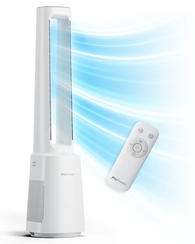 Pro Breeze OmniAir Ventoinha de torre sem pás de 105 cm com purificador de ar, oscilação de 75°, ultra silencioso, controlo remoto, filtro HEPA, ecrã LED, 10 velocidades e 5 modos