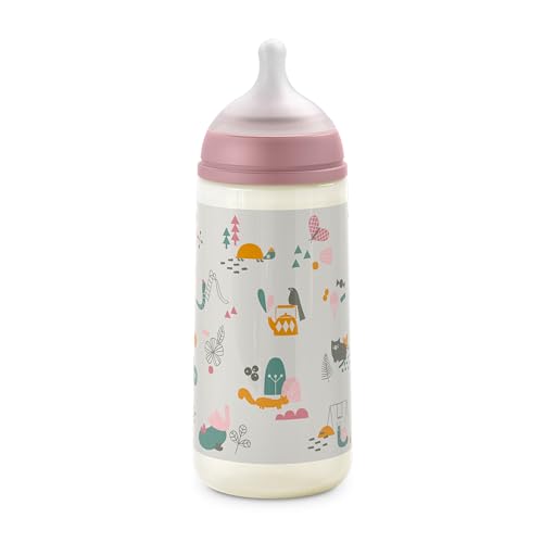 Suavinex, Biberão de 360 ml. Biberão de silicone SX Pro com cetina física, com válvula anticólica. Biberão com étina de fluxo denso (L). Para bebés + 6 meses. Walk rosa