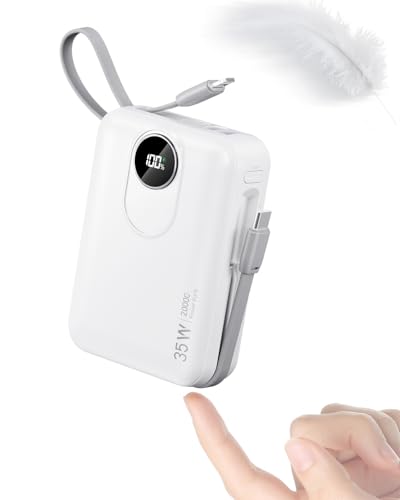 20000 mAh Power Bank com cabo incorporado: Bateria externa de carregamento rápido de 35 W para telemóvel, Battery Pack USB C (Entrada e saída), carregador portátil com 4 saídas e 2 entradas