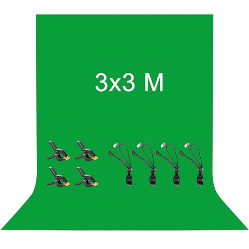 Vevelux Fundo de fotografia de 3 x 3 m, fundo fotográfico 100 % poliéster com 8 pinças grandes de estúdio, ecrã verde para fotografia, vídeo, estúdio, cinema, televisão
