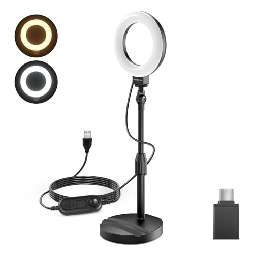 NEEWER Básico 5"/13 cm aro luz secretária com suporte, base de suporte móvel, 10 W holofote LED Selfie, compatível com iPhone gravação vídeo para computador portátil Webcam Zoom videoconferência