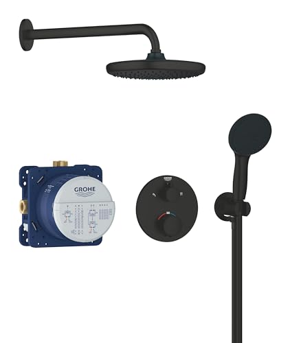 GROHE Precision Quickfix, conjunto de chuveiro mural Vitalio Start 250 (com chuveiro mural de 9,5 l/min, chuveiro com 2 jatos, cotovelo de chuveiro de 1/2" e candeeiro de 1,50 m), preto mate 348832430