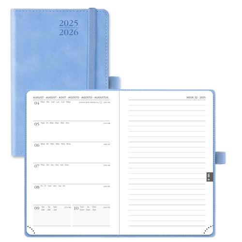POPRUN Agenda 2025 2026 Bolso pequeno 16 x 10,5 cm, uma página por semanal com uma página de notas de 17 meses de ago.2025 a Dez.2026, 80 GSM papel, azul celeste
