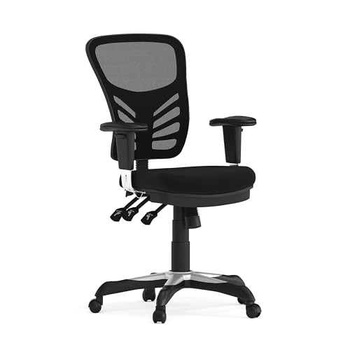 Flash Furniture Cadeira de escritório, ergonómica, com encosto de malha, assento perfilado e altura ajustável, com controlo de três alavancas, preto