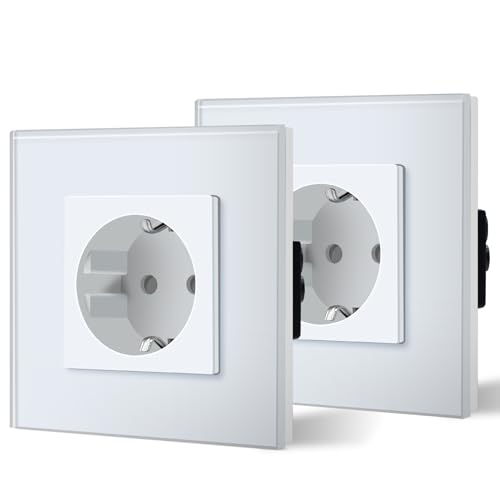BSEED Tomada de parede tomada padrão Schuko com painel de vidro 16A instalação fácil 86 mm branco, 2 pacotes