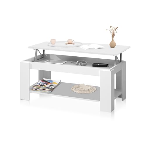 duehome | Mesa de centro elevável, mesa auxiliar, modelo LYA, acabamento em cor branca Artik, medidas: 102 cm (comprimento) x 50 cm (largura) x 43-54 cm (altura)