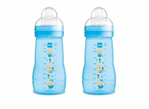 MAM Embalagem de 2 bibões, 2-4 meses, 270 ml, com Tetina 2 de fluxo médio de silicone de fácil aceitação, fácil de segurar, fácil de limpar, MAM Easy Active, azul brilhante, pack de 2 unidades
