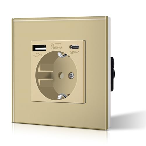 BSEED Tomada de parede tomada padrão Schuko com 2,1 A USB melhorada conector de carregamento e tomada tipo C com painel de vidro fácil instalação 86 mm ouro