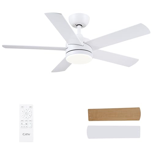 CJOY 107 cm, branco ventilador de teto com luz 5 pás, ventilador de teto silencioso com controlo remoto, 6 velocidades, 3 CCT regulável, ReverTYYKL CC, temporizador, para quarto / sala de estar