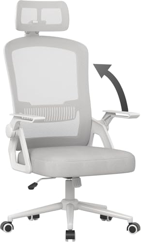 naspaluro Cadeira de escritório ergonómica, com apoio de cabeça ajustável, apoios de braços rebatíveis, cadeira de secretária giratória com suporte lombar, encosto respirável, cinzento