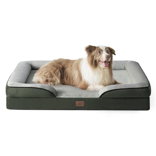 Bedsure Sofá cão ortopédico grande - cama de cão removível e lavável, colchão cão com forro impermeável e espuma viscoelástica, verde escuro, L-Plus