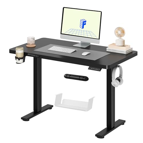 FLEXISPOT QE Pro Mesa elevável elétrica 110 x 54 cm, mesa levantável com 2 ganchos, porta-copos e organizador de cabos, 4 funções de memória, Standing Desk para escritório e casa e telébalho, preto