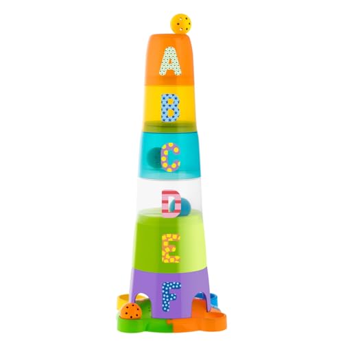 Chicco Super torre aplicável, brinquedo de puzzle vertical de 62 cm de altura, peças de encaixe, inclui 6 bolas coloridas e 6 cubos empilháveis, bebés e crianças 1 ano