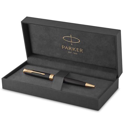 Parker Sonnet esferográfica | lacado a preto mate com ornamento dourado | ponta média | em estojo de presente