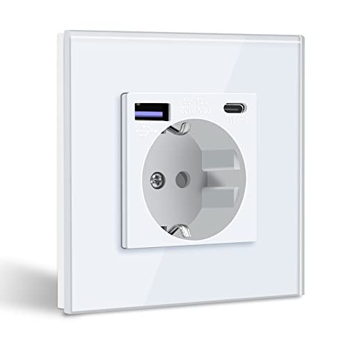 BSEED Tomada de parede com USB C 20 W, tomada branca Schuko com carregador rápido USB tipo C, 1 Gang tomada de corrente com 2 x carregadores USB e Typ C, tomada integrada adequada