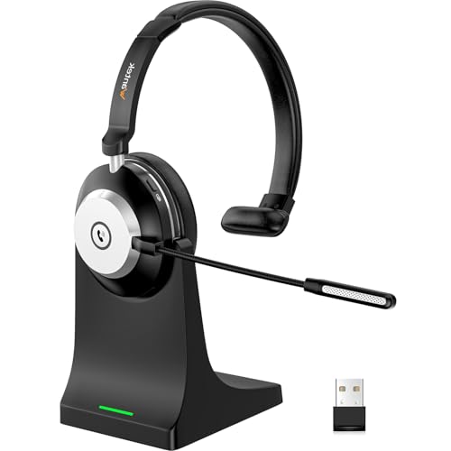 Auriculares Bluetooth sem fios com microfone para PC, auriculares de computador V5.2 com microfone com cancelamento de ruído, dongle USB, base de carregamento e botão silencioso para trabalho,