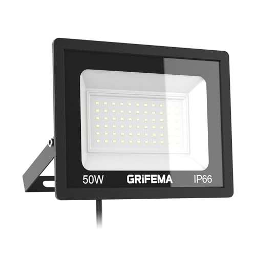 GRIFEMA Focos LED para exterior, 500 l, projetor de lâmpada LED de 5500 l, 66 LED 6500 K, branco frio Floodlight para casa, garagem, pátio, caminho, jardim, sem tomada