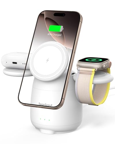 SwanScout Magnético carregador sem fios para Apple, SwanScout 707M, estação de carregamento compatível com MagSafe para iPhone 16-12, 5W carregador rápido para Apple Watch 10/9/8/7, Airpods (sem