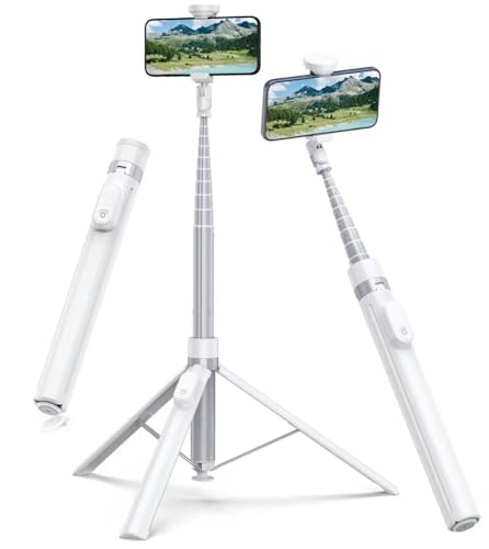 TONEOF 168 cm Vara automática Selfie tripé, tripé para telemóvel com controlo remoto magnético recarregável, suporte móvel rotativo de 2 eixos de 360°, tripé estável para iPhone / Android-branco