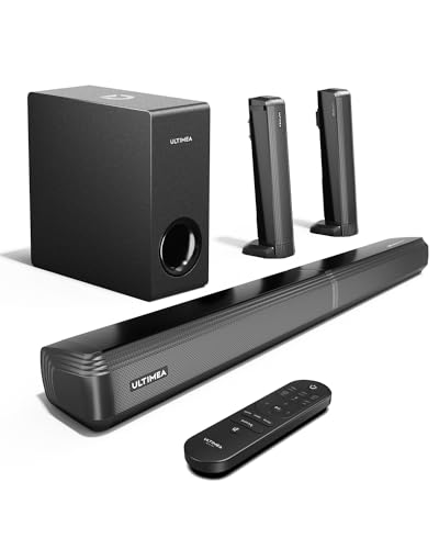 ULTIMEA 4,1 ch Barra de som TV Dolby Atmos, 2 em 1 Soundbar Bluetooth 5,3 com subwoofer, potência de 280 W, 3 modos EQ barras de som para TV, aumento graves, HDMI in/eARC, série Apollo S60